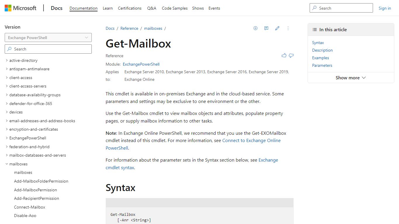 Get-Mailbox (ExchangePowerShell) | Microsoft Docs